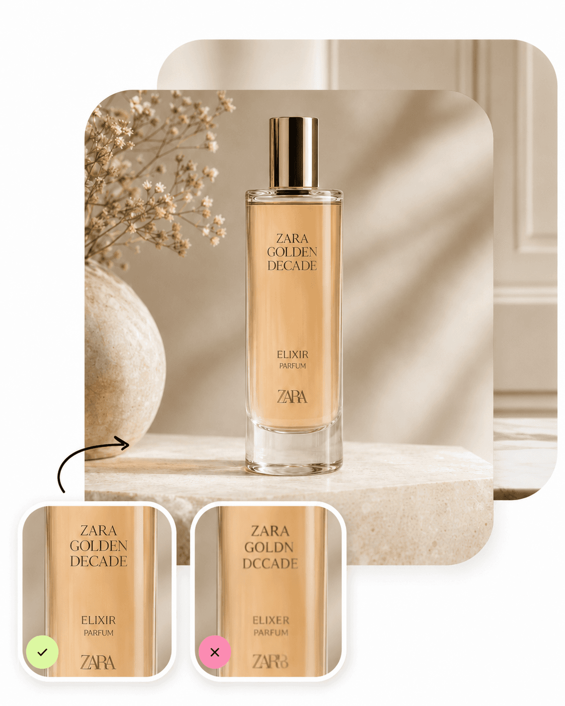 Zara perfume product image showing accurate label preservation and an incorrect blurred label comparison